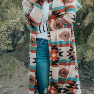 Multicolor Geometric Color Block Open Front Long Cardigan