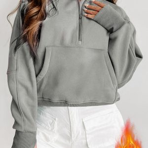 Gray Fleece Lined Zip Up Stand Collar Thumbhole Sleeve Sweatshirt