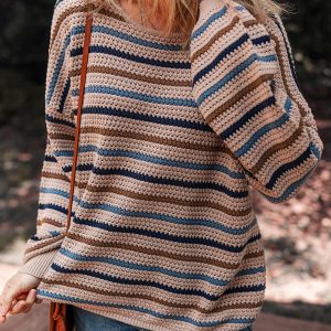 Multicolour Striped Knitted Drop Shoulder Round Neck Sweater