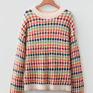 Multicolour Dotty Striped Pattern Knit Drop Shoulder Sweater