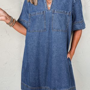 Blue Short Sleeve Collared Patched Pocket Denim Mini Dress