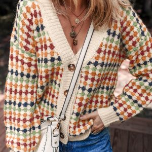 Multicolour Dotty Pattern Knit Button Front V Neck Sweater Cardigan