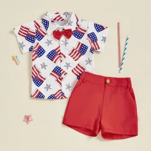 Infant Boy Independence Day Apparel Red White Blue Star Stripe Print Bowtie Top Shorts Set Kids Clothing for July 4th