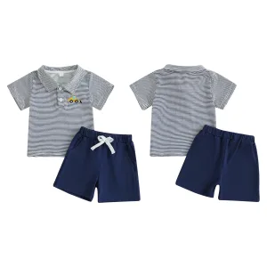 Boys Casual Summer Outfit Set with Short Sleeve Lapel Collar Striped Shirt and Matching Shorts - Trendy Kids Clothing