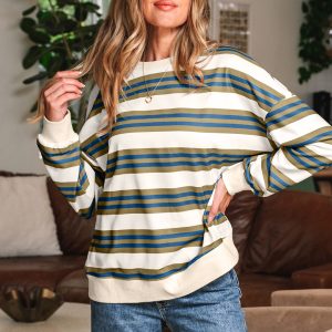 Khaki Stripe Crew Neck Drop Shoulder Pullover Sweatshirt