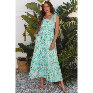Green Floral Lace Tied Strap Empire Waist Maxi Dress