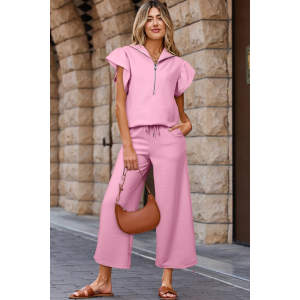Pink Textured Ruffled Sleeve Zipped Top and Wide Leg Pants Set