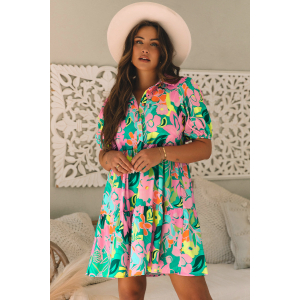 Green Floral Puff Sleeve Collar Buttoned Babydoll Dress