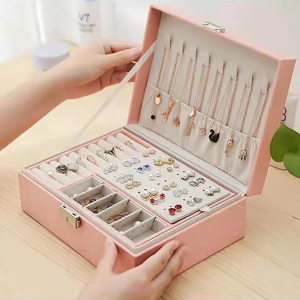 Pink Jewelry Box Double Layer Storage Cosmetics Holder PU Leather Large Case for Storing Watches, Rings, Earrings, Necklaces