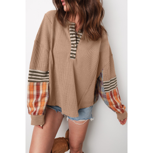 Straw Yellow Waffle Stripe Plaid Patchwork Henley Knit Top