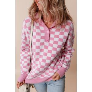 Pink Checkered Buttons Collar V Neck Drop Shoulder Sweater