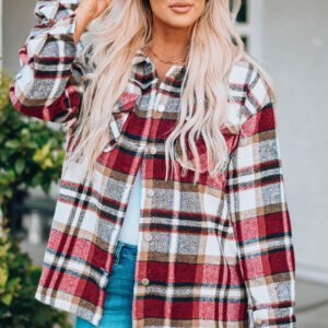 Fiery Red Geometric Plaid Print Pocketed Shacket